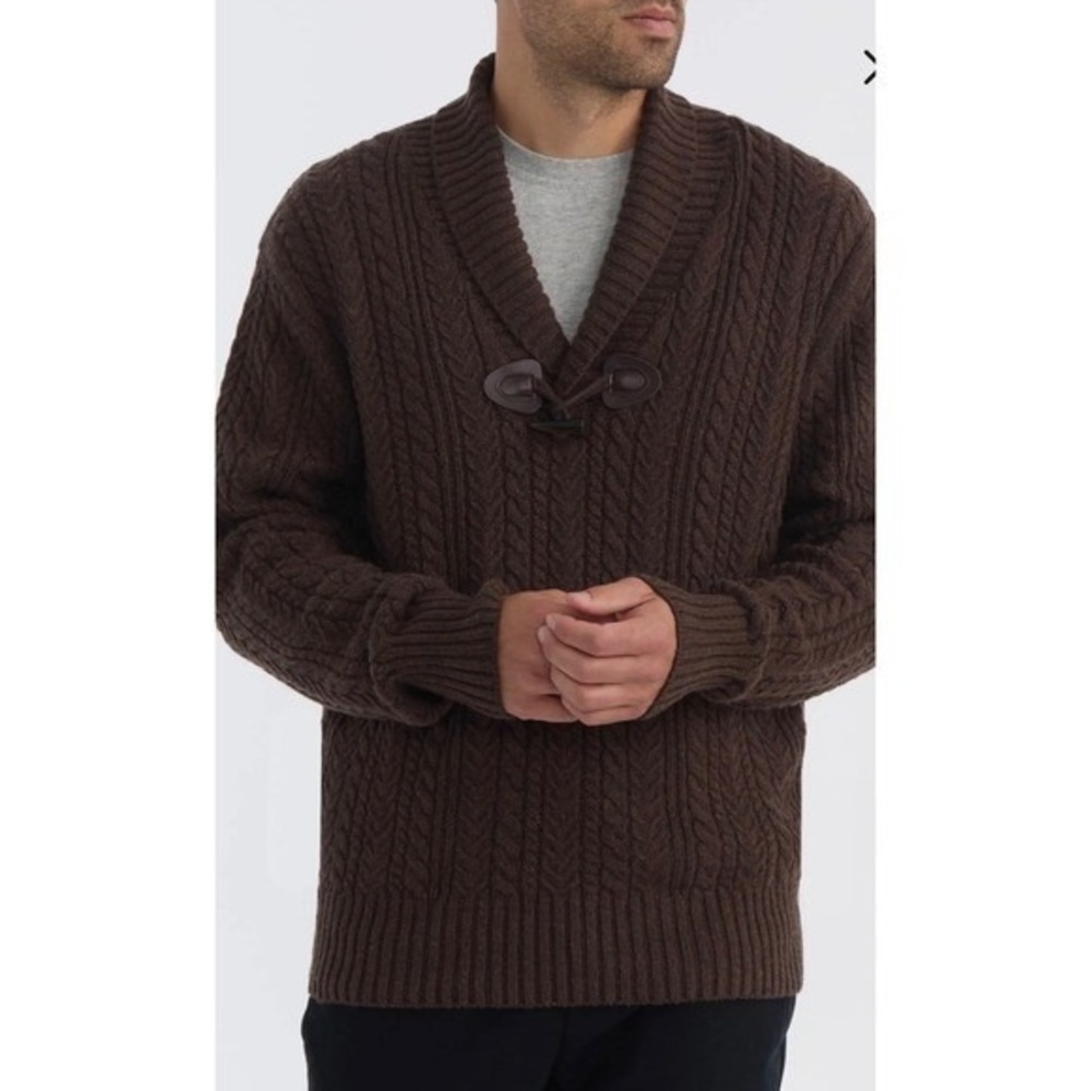 Mens Hunter Brown Cable Knit Shawl Collar Cardigan Sweater Toggle Closure